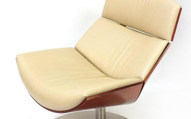 Contemporary bentwood and leather swivel lounge chair