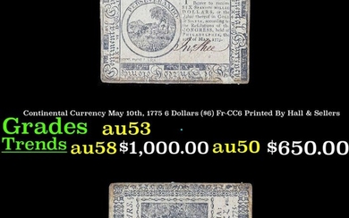 Continental Currency May 10th, 1775 6 Dollars ($6) Fr-CC6 Printed By Hall & Sellers Grades Select AU