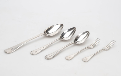 Cutlery 5 pieces, silver, Swedish round, 1800/20th century, with family arms.