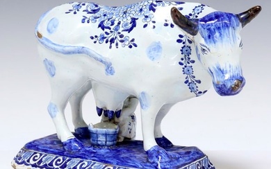 DUTCH DELFT BLUE & WHITE MODEL OF A COW & MILKMAID