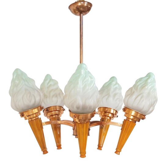 Designer Unknown, Art Deco five light ceiling light, circa 1920, Copper, Bakelite, glass, 60cm high It is the buyer's responsibility to ensure that electrical items are professionally rewired for use.