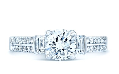 Diamond Round Center With Baguette Shoulders Ring In 14k White Gold