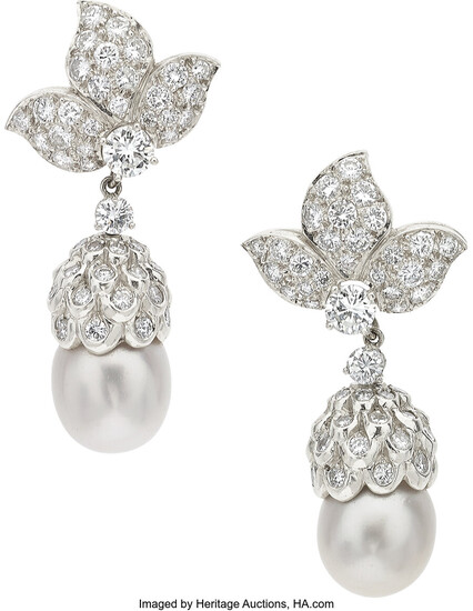 Diamond, South Sea Cultured Pearl, Platinum Convertible Earrings Stones:...