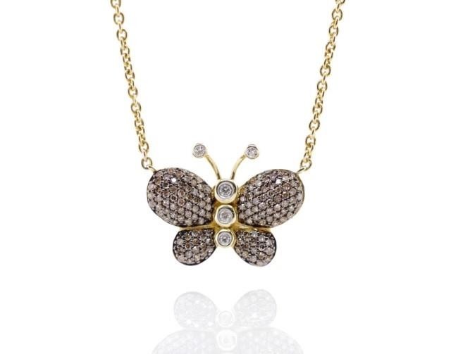 Diamond and 14ct yellow gold butterfly necklace marked 14kt ...