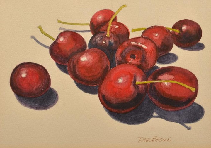 Doug Brown Cherries Still Life Watercolor on Paper.