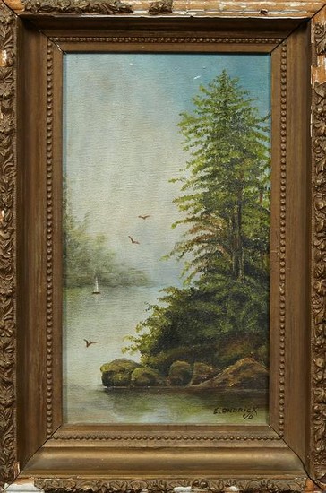 E. Ondrick, "Lake Scene with Sailboat," early 20th c.