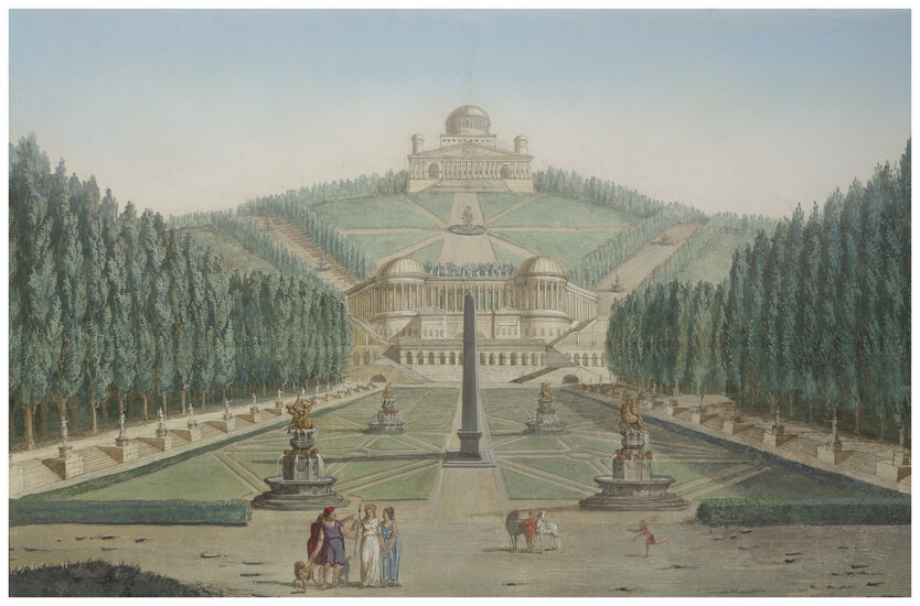 ÉCOLE FRANÇAISE DU DÉBUT DU XIXE SIÈCLE Jardin à la française avec obélisque, fontaines, allées bordées d'arbres et palais à colonnades