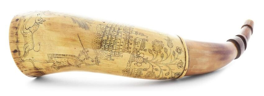 ENGRAVED POWDER HORN ATTRIBUTED TO THE "FOLKY ARTIST."