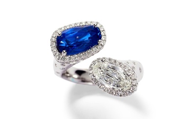 EXQUISITE SAPPHIRE AND DIAMOND TWO STONE RING