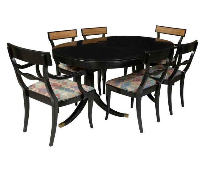 Ebonized and Cane Table and 6 Chairs