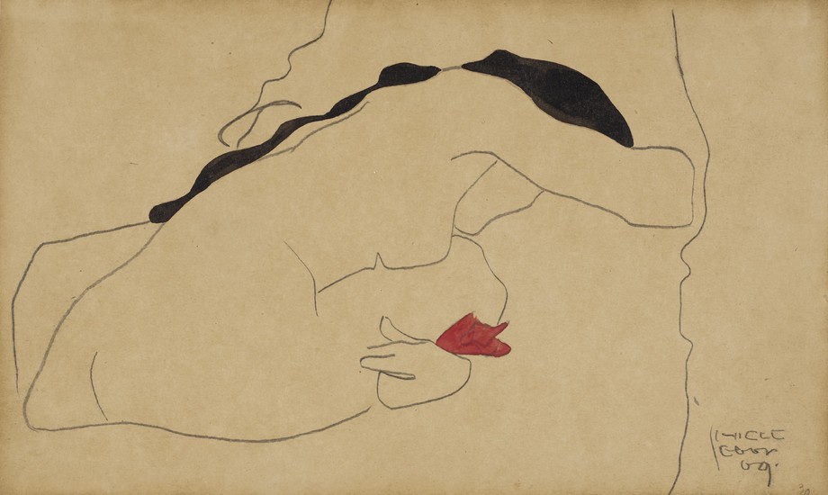 Egon Schiele (1890-1918), Gebeugt sitzender weiblicher Rückenakt mit schwarzem Haar