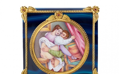 Erotic enamel miniature in a gold frame, on a tinted agate plate. 19th century.