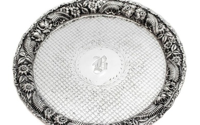 FINE 925 STERLING SILVER CHASED REPOSSE MONOGRAMED ROUND TRAY