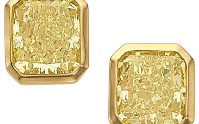 Fancy Yellow Diamond, Gold Earrings Stones: Rectangular-cut colored diamonds...