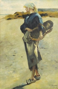 Female holding a basket on the beach, Dutch school oil on bo...