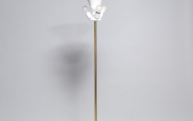 Floor lamp, brass stem and base, white lacquered metal shade, Fagerhults Ljusarmatur, Sweden.