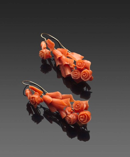 Flowers and leaves ancient Sciacca coral (Corallium Rubrum) earrings,...
