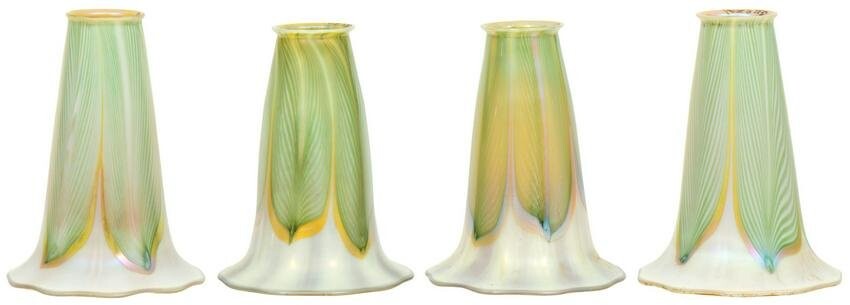 Four Quezal Art Glass "Pulled Feather" Shades
