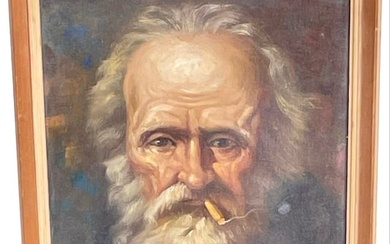 Framed Oil Painting of Old Man Smoking - 30" x 16"