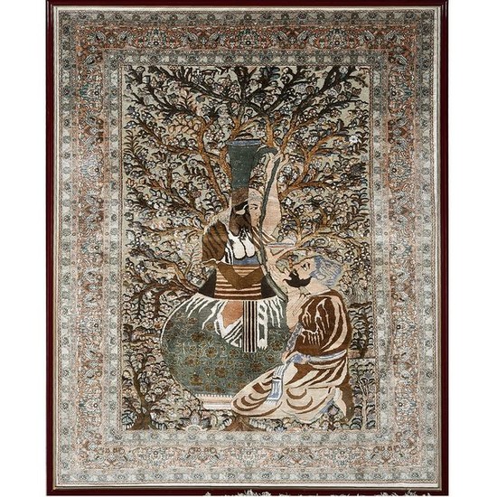 Framed Silk and Silver Threaded Pictorial Rug.