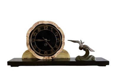 French Art Deco Bronze and Marble Mantle Garniture Clock