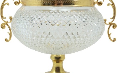French Empire Urn Style Center Piece Bowl Gold Dore Mounts, Diamond Quilted Crystal Glass