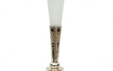 German Silver Plate & Etched Glass Vase, Lion & Shield Terminals, Ca. 1880, H 22" W 9" Depth 9"