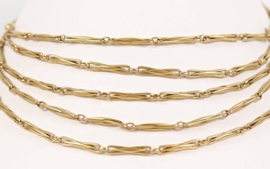 Gold necklace (750) with five rows. L: 40 cm, Weight: 87.5 gr.