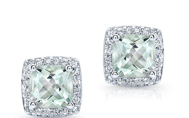 Green Quartz And Pave Diamond Earrings In 14k White Gold
