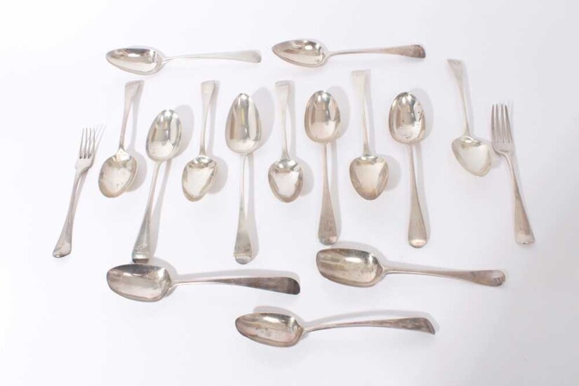 Group of Georgian later Old English and Hanoverian pattern silver flatware, (various dates and makers), all at approximately 32.5oz