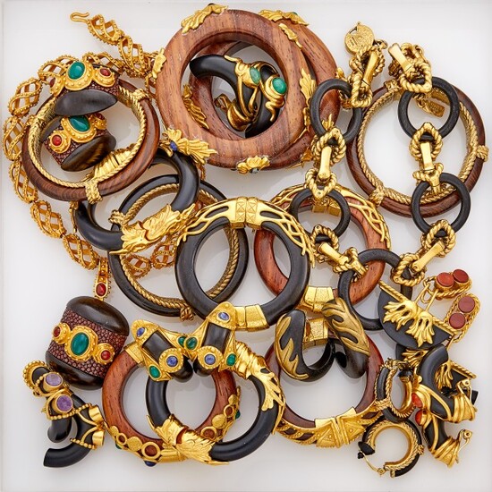 Group of Gilt-Metal, Wood, Acrylic, Multicolored Glass and Leather Jewelry