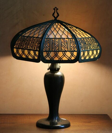 Handel Bronze Table Lamp with Slag Glass Shade