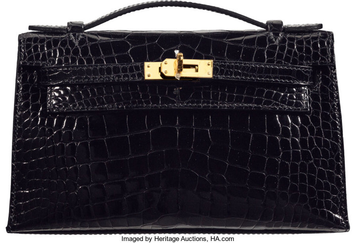 Hermès Shiny Black Alligator Kelly Pochette Bag with Gold...