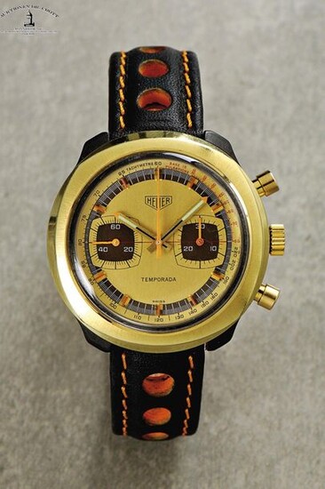 Heuer, Swiss, "Temporada", Ref. 733809, Cal. Val. 7733, 41 x 42 mm, circa 1972 An extremely rare, newly revised vintage wristwatch with chronograph, tachy and pulsation scale Case: black fibreglass, gold plated bezel, push back. Dial: gilt. Firmly in...