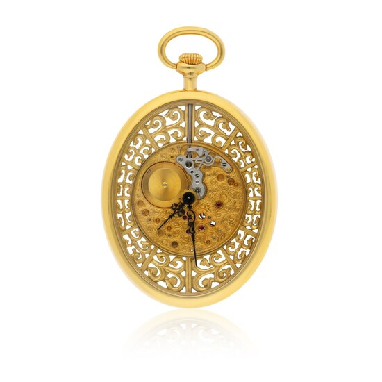 JAEGER-LECOULTRE | A FINE YELLOW GOLD OVAL SKELETONIZED OPEN FACED WATCH CIRCA 1997