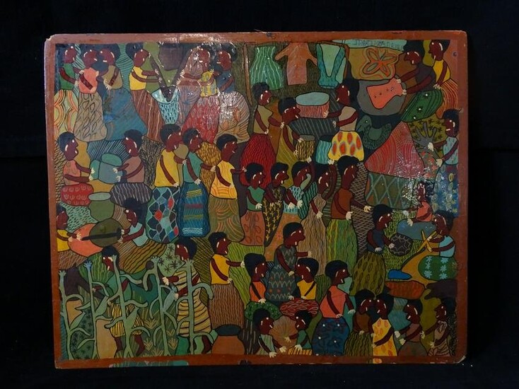 JANE MUSARIRI AFRICAN PAINTING "WOMEN WORKING" OIL ON PANEL 20"x16"