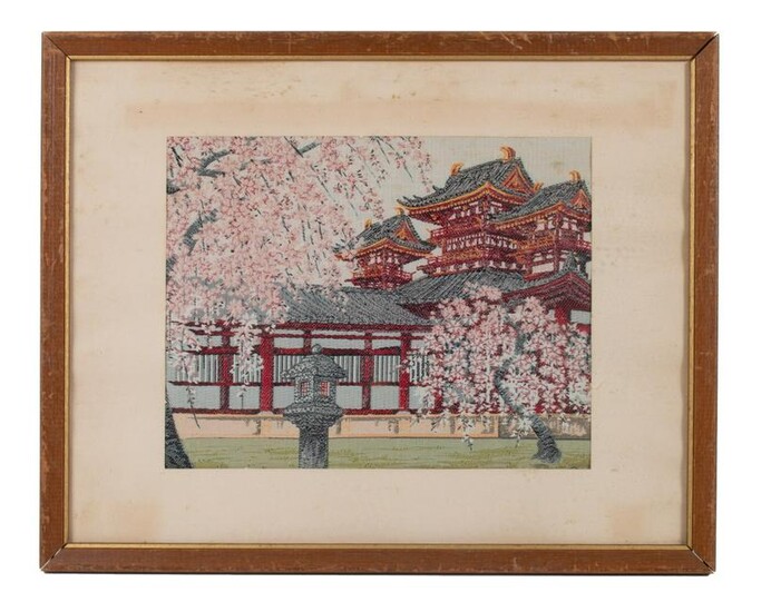 Japanese Silk Embroidery Temple Landscape