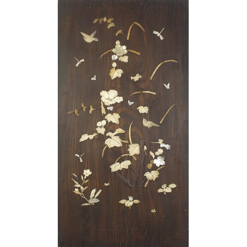 Japanese hardwood Shibayama panel inlaid with ivory and moth...