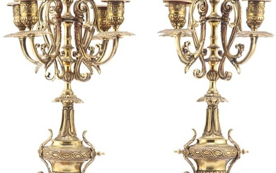 Large Antique 20th Century Pair of Five Light Gilt Bronze and Marble Candelabra
