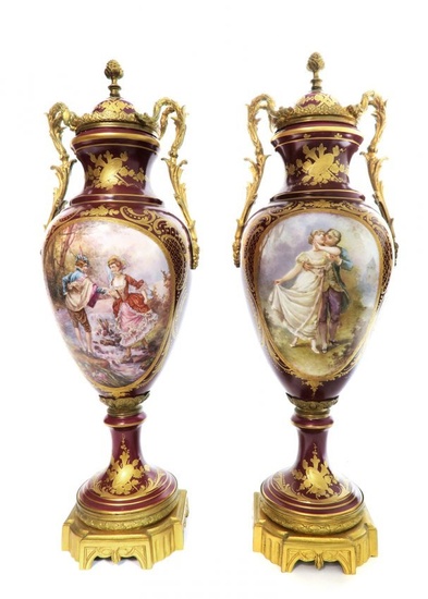 Large Pair of French Hand Painted Sevres Vases 23"