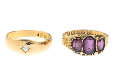 Late Victorian 15ct gold amethyst three-stone ring, hallmarks...