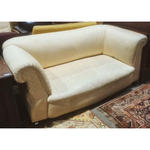 Late Victorian Chesterfield drop-arm sofa in pale yellow dia...