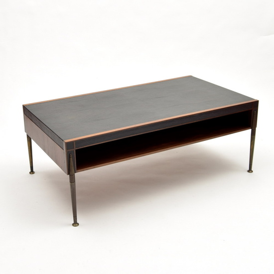 Luxury wooden sofa-table with decorated bronze legs and leather table-top,...