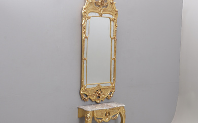 MIRROR and CONSOLE TABLE with stone top, Rococo style, A-B Glass & wood, Hovmantorp mid 20th century.