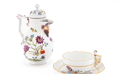 Meissen | PORCELAIN COFFEE POT, CUP AND SAUCER WITH BUTTERFLY DECOR