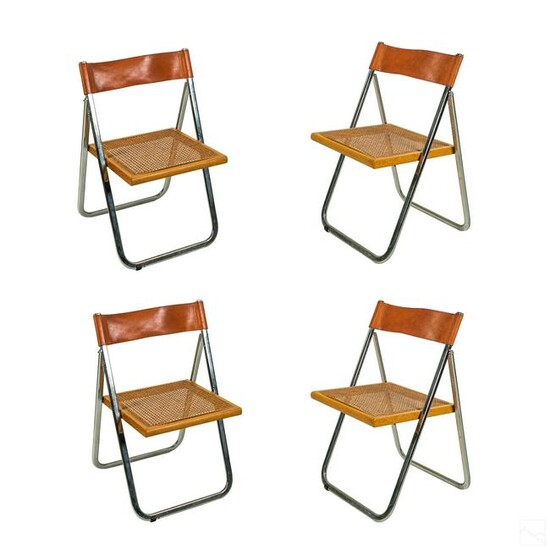 Modern Italian Folding Chrome Cane Leather Chairs