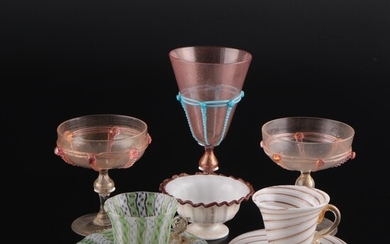 Murano Art Glass Champagne Coupes, Goblet, Cup and Saucers, and Decorative Bowl