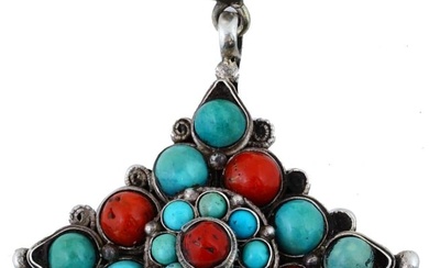 NAVAJO STERLING SILVER TURQUOISE RED CORAL PENDANT