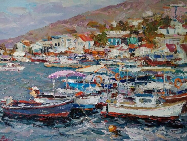 Oil painting Boats near the pier Alexander Nikolaevich