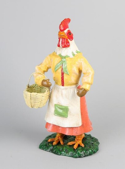 Old cast iron rooster with iron basket. Handpainted.